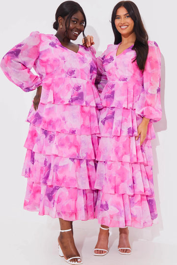 Abstract Floral Chiffon Frill Midaxi Dress